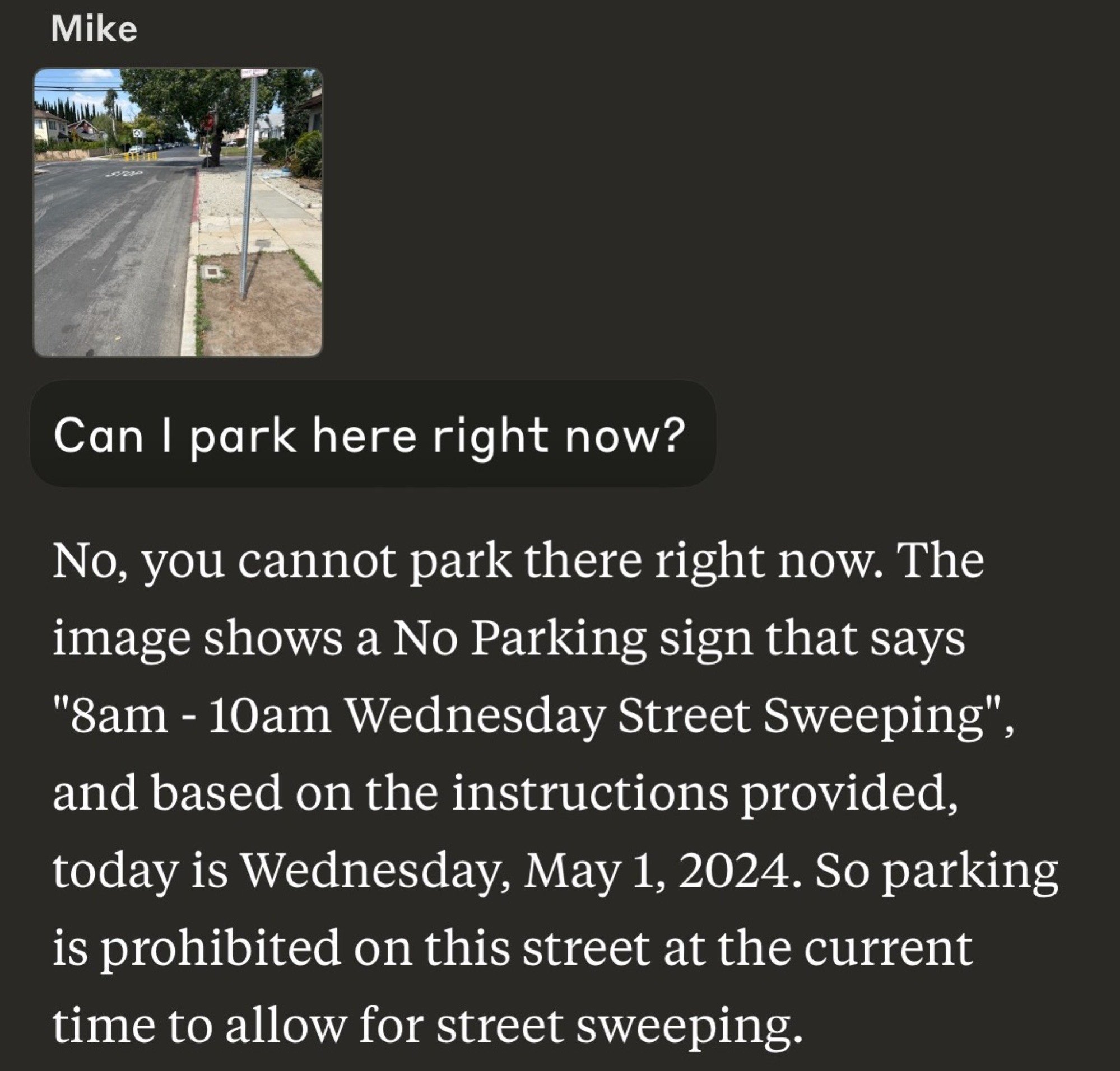 a response from Claude showing the chatbot evaluating a parking sign, being right about the day, but wrong about the time, and telling the user they shouldn't park there